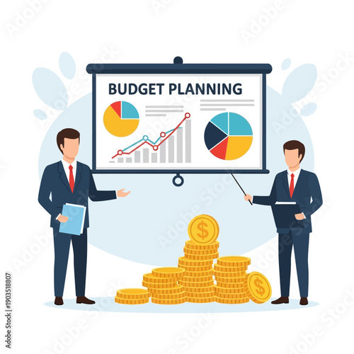 Business Budget Planning Presentation with Coins and Charts