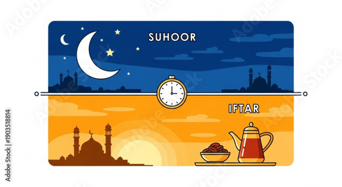 Illustration of muslim fasting times suhoor and iftar with traditional food and drinks