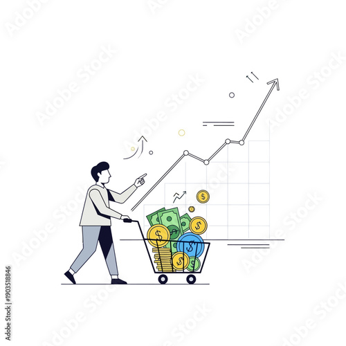 Man Pushing Shopping Cart Full of Money and Coins, Financial Growth Graph