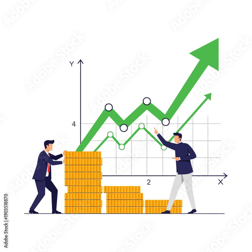 Business growth concept: People stacking coins, rising graph, financial success, investment, teamwork.