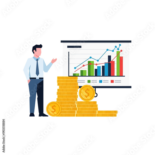 Businessman presenting financial growth chart with stack of gold coins