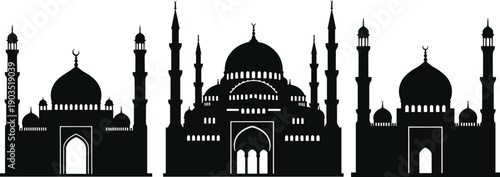 Silhouette of Islamic mosque, vector illustration of domes and minarets, Muslim architecture art, religious building design, black mosque icons