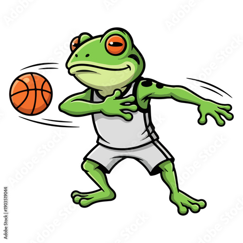 Cute frog basketball player passing ball, green cartoon amphibian athlete mascot in white uniform, dynamic sporty animal character illustration for logo, kids team branding, vector