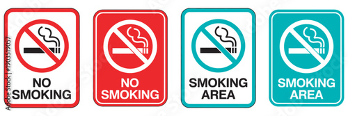 No Smoking Area And Smoking Area Signs, Red Stop Symbols Printable Set, Ban Silhouette Icons Vector Template Safety Warning Design