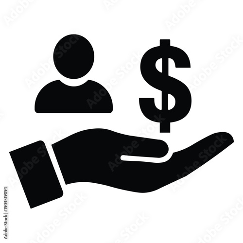 Black icon of a hand holding a dollar sign and a person