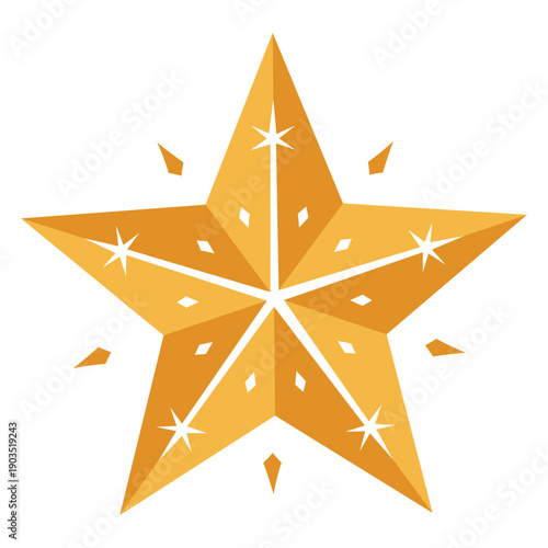 Golden star icon with white sparkles and fragments for decoration and design