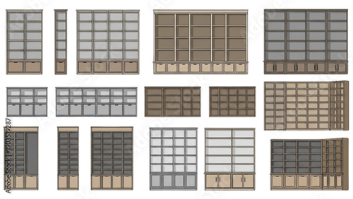 Collection of various window designs and styles illustrated in a grid layout from different viewpoints