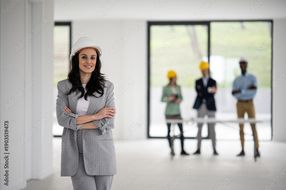 Fototapeta premium Woman architect in hard hat standing in empty building with team