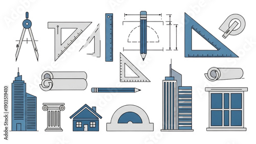 Architectural elements and drafting tools illustration showcasing various structures and design instruments in a detailed graphic representation