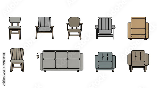 Collection of various armchairs and sofas in different styles and colors displayed from a front viewpoint