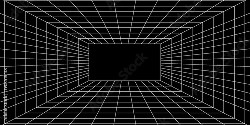 Futuristic 3D grid tunnel with white lines on a black background, creating a deep, immersive perspective effect ideal for sci-fi, tech, or retro designs. vector Eps 10
