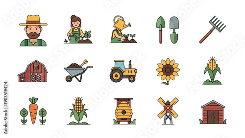 Farmers working together in a field with agricultural tools and equipment, farmhouse, barns, and crops nearby, viewed from a high angle.