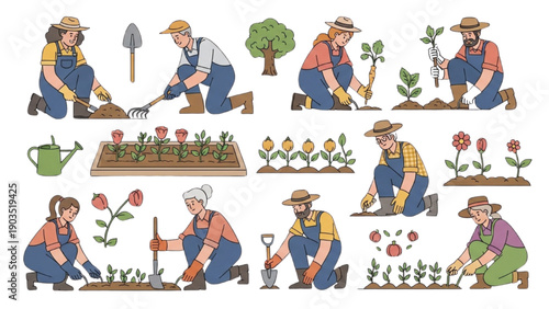 Gardener planting flowers and trees in a garden bed from various viewpoints