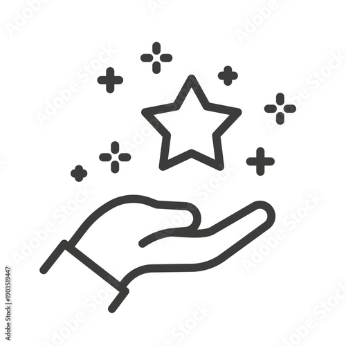 benefit icon, loyalty program, hand with star, bonus points, line vector label