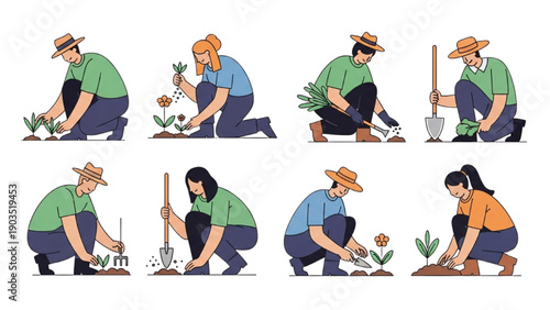 People gardening together in a lush green environment from various viewpoints