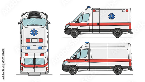 Ambulance vehicle illustration showing multiple views on a white background