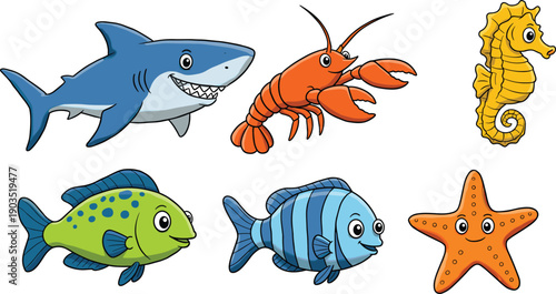 Colorful cartoon sea animals, vector underwater marine creatures illustration including shark, fish, lobster, seahorse, and starfish drawing