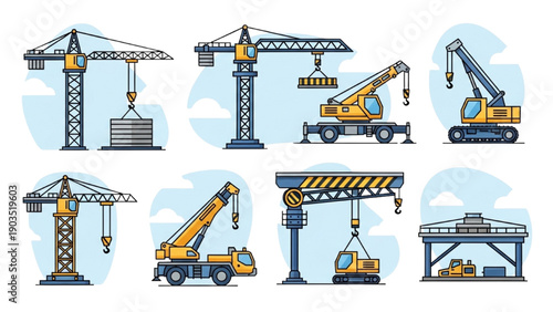 Various cranes and heavy machinery in action at a construction site viewed from different angles