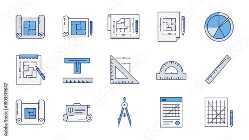 Collection of Architectural Design Icons Featuring Tools and Blueprints