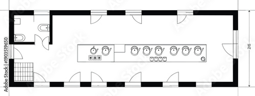 Commercial kitchen floor plan layout, detailed restaurant kitchen blueprint, professional cooking space design, industrial kitchen architectural drawing, facility design illustration.