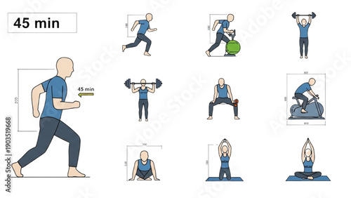 Man performing various exercises in a 45-minute workout routine illustration