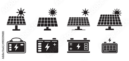 Eco-friendly solar power panel battery icon set. Illustration eps 10