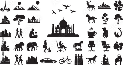 Black Silhouette Icons of Travel and Daily Life Symbols