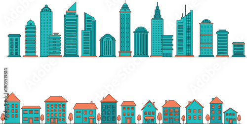 Colorful city skyline with modern buildings and residential houses, flat design architecture illustration, urban real estate landscape, property development and town planning concept