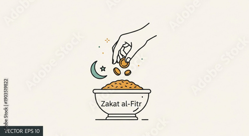 Hand pouring coins into a bowl for zakat al fitr with crescent moon and star on a beige background