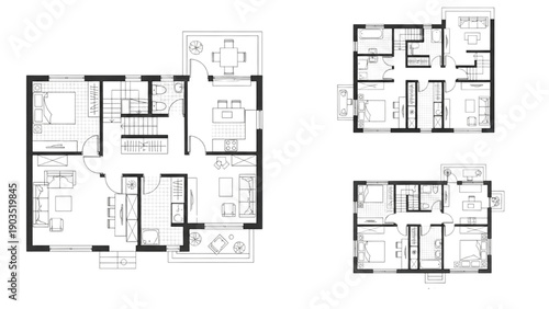 Residential floor plans showcasing various house layouts and architectural designs on a clean white background from a top-down viewpoint