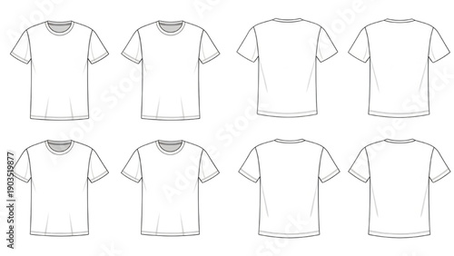 Collection of blank t-shirts displayed from various angles on a white background in a grid layout