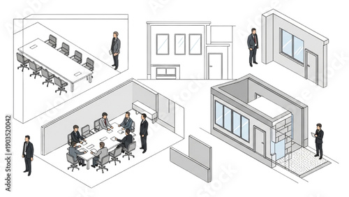Isometric illustration of office spaces showing various meeting rooms and individuals from different viewpoints