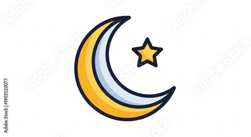 Crescent moon and star icon in yellow blue and black on white background for design and decoration