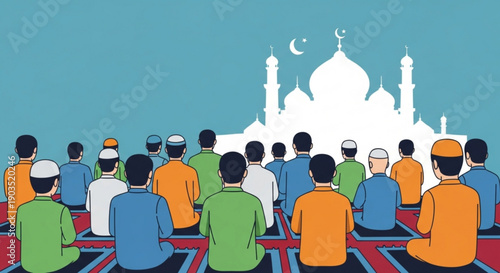 Muslim men praying towards mosque during ramadan islamic community gathering colorful illustration