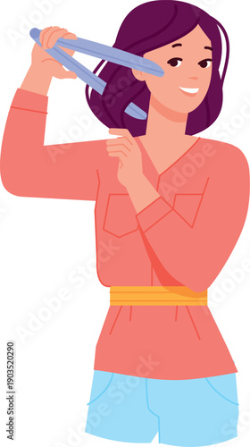 Woman straightening hair with iron, Beauty girl character