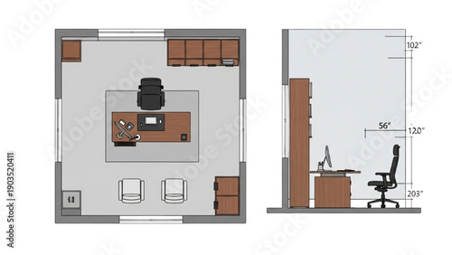 Orthographic Projection of Modern Office Space with Furniture and Equipment