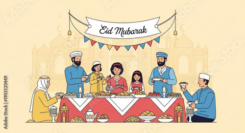 Eid mubarak celebration with family and friends gathered around a festive table with traditional food and decorations