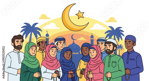 Diverse group of people celebrating ramadan with mosque and crescent moon in background