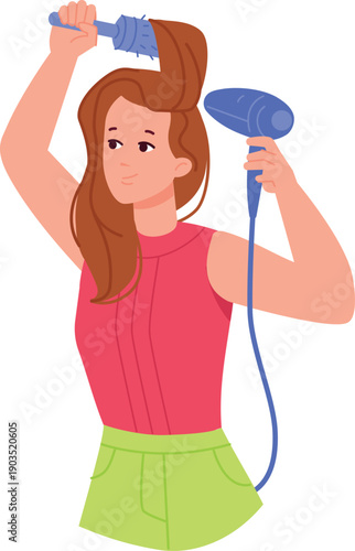 Girl making hair styling with brush and hand dryer