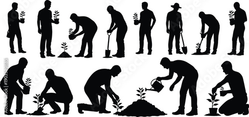 PrintLarge Collection of Black Silhouettes Featuring People Gardening Planting Trees and Watering Saplings Isolated on White Background for Environmental Conservation and Nature Growth Design