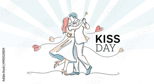 Couple Kissing on Kiss Day with Heart Elements.