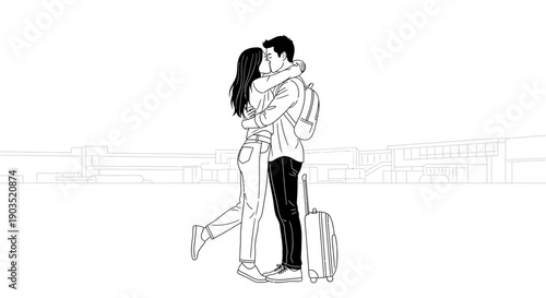 Couple Embracing with Luggage at Airport Terminal.