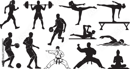 Silhouettes of people engaging in various sports activities together