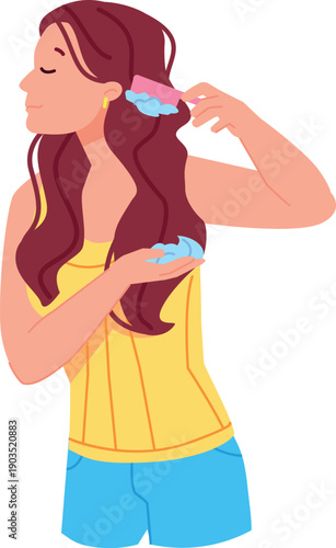 Woman styling hair with cosmetic mousse product color icon