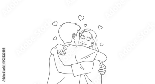 Continuous line drawing of a romantic couple embracing with hearts.