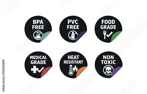 six separate flat vector sticker peel badges each badge solid black sticker with peeled corner muted accent colors and simple white pictogram below evenly spaced texts/: BPA FREE flask
