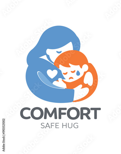 Single flat vector icon of mother comforting crying child: rounded mother silhouette hugging small child tiny tear droplet dot small heart dot near the hug stylish modern cutout look made