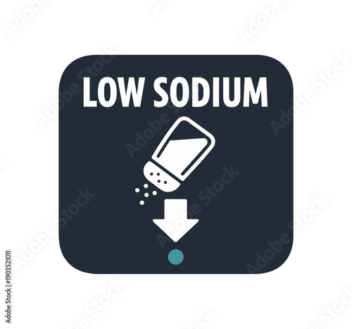 Flat vector rounded badge () LOW SODIUM simple white salt shaker with down arrow tiny muted teal accent dot