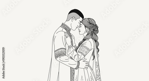 Tender Moment Between Couple in Traditional Attire Sharing a Romantic Kiss.