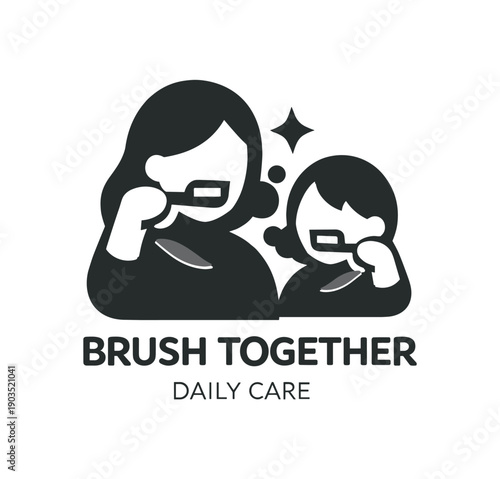 Single flat vector icon of mother and child brushing teeth: two rounded silhouettes holding small toothbrush shapes two tiny foam dots one sparkle stylish modern cutout look made with clean